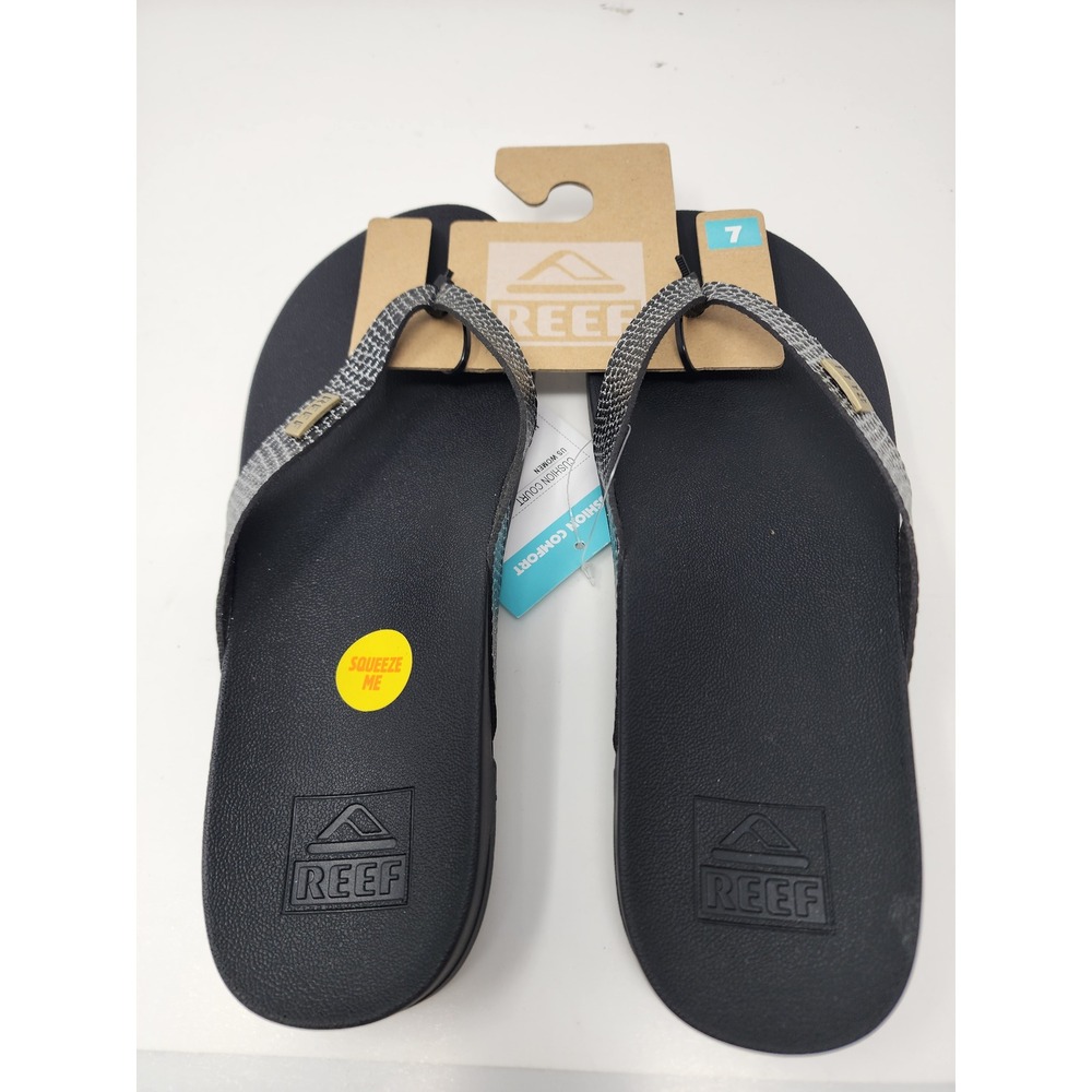 Reef Womens Cushion Court Flip Flops Black Faux Leather Casual Size 7
